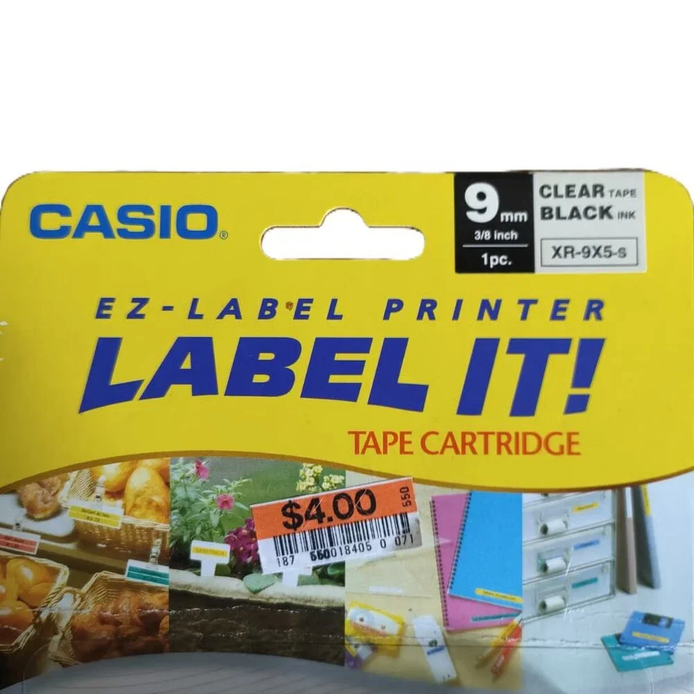 Casio EZ-Label Printer Label It Label Tape Cartridge Clear Tape Black Ink 9mmx5m